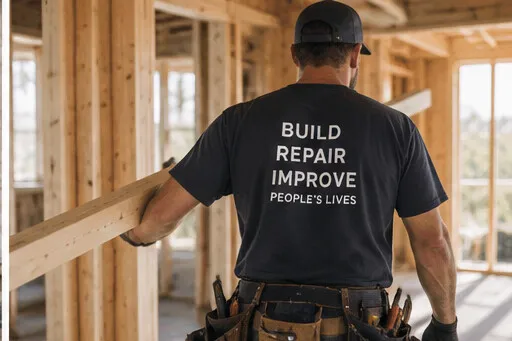 A carpenter in a tool belt, back view, carrying framing lumber.