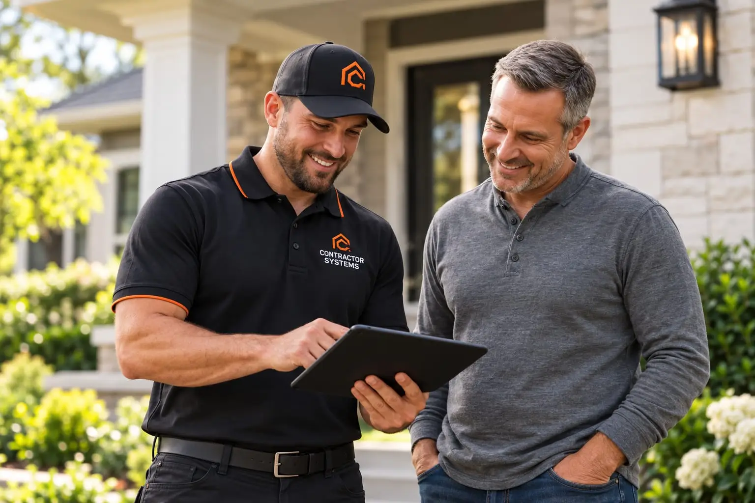 Representante da Contractor Systems de boné e camisa polo da marca mostrando algo em um tablet para um morador sorridente em frente à casa