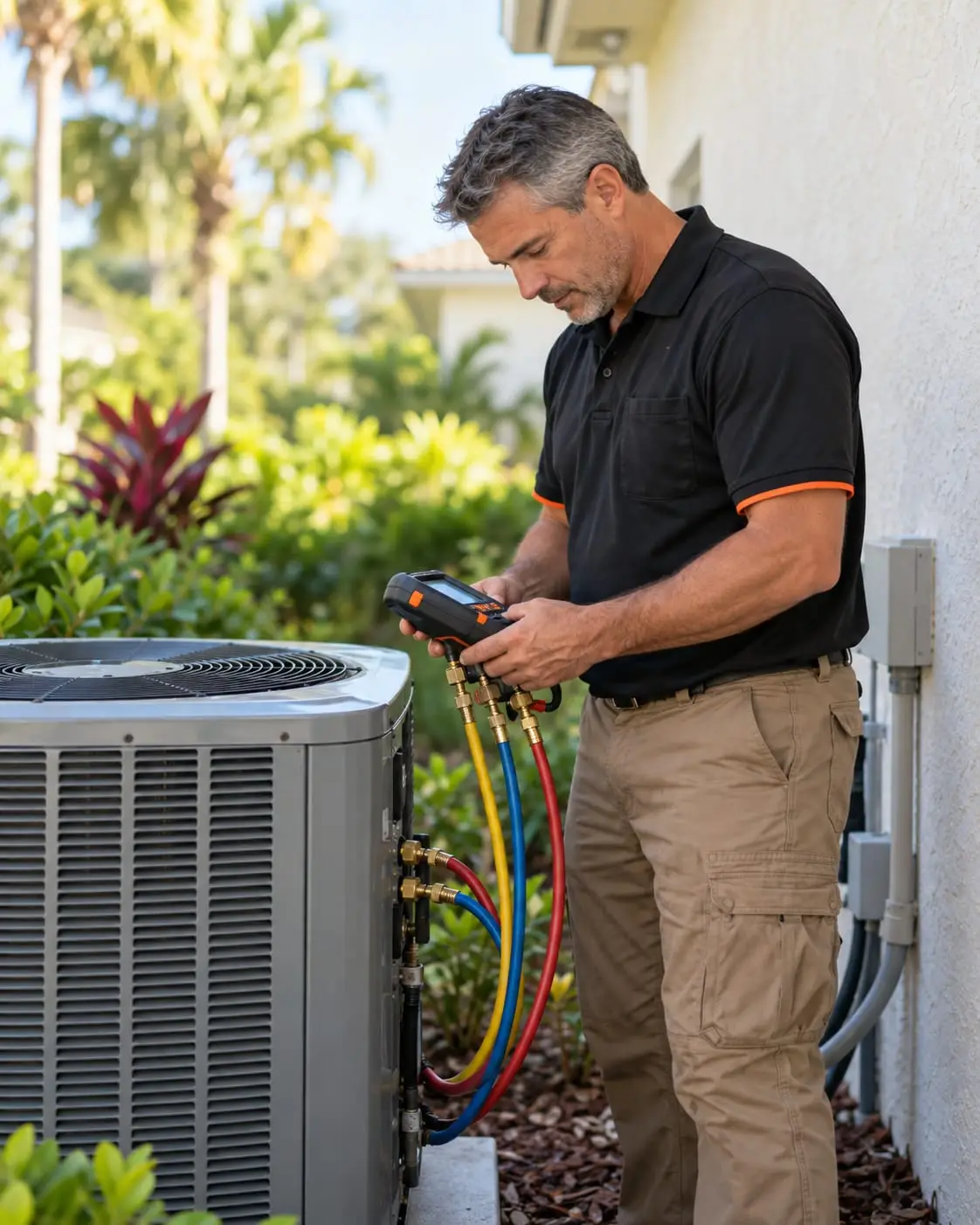 Técnico de ar-condicionado lendo um manômetro digital de refrigerante ligado a uma unidade externa ao lado de uma casa de reboco