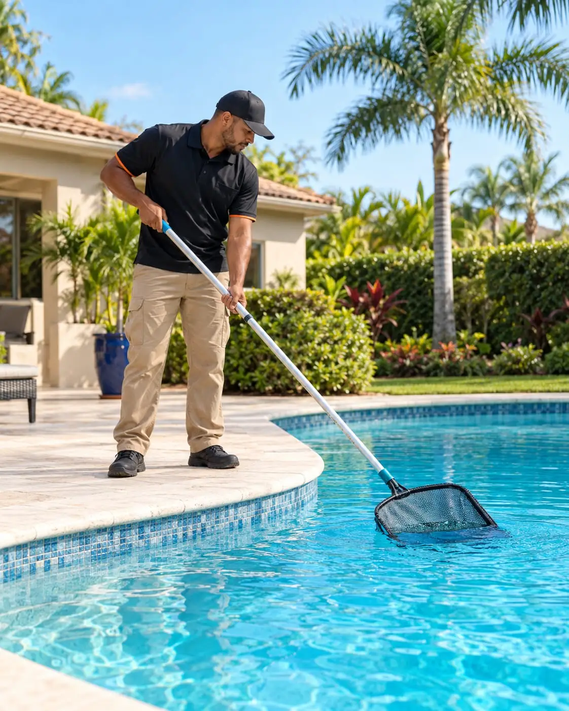 Técnico de piscina limpando com a peneira uma piscina de quintal, com palmeiras ao fundo