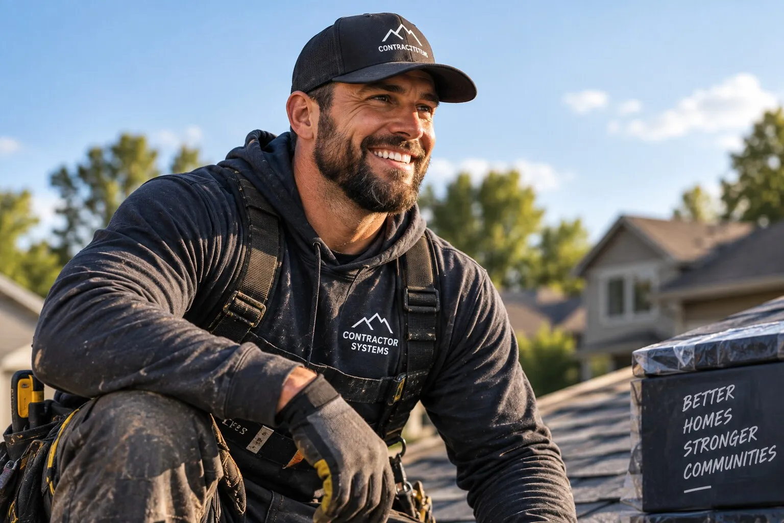 Roofer in a Contractor Systems hoodie sitting on a shingle roof, smiling, with a neighborhood behind him