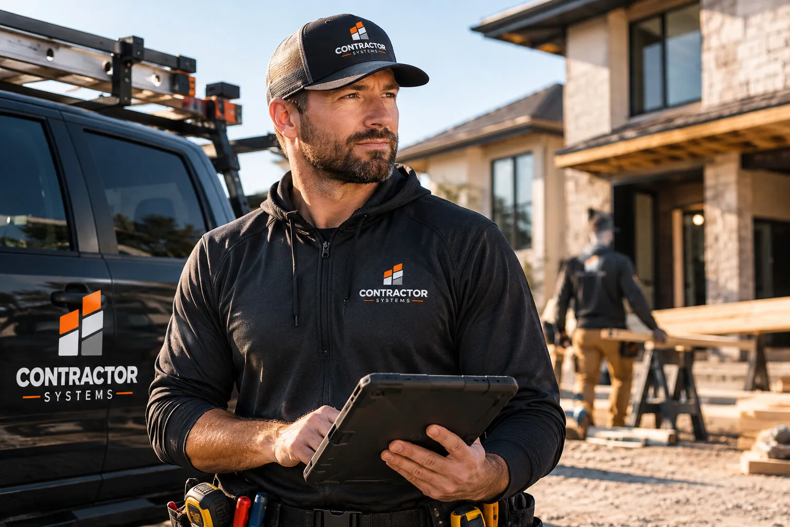 Contractor in Contractor Systems gear checking a tablet beside his truck on a jobsite